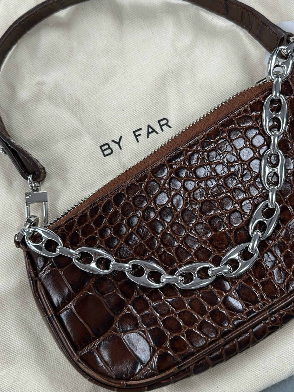 Authentic BY FAR Croc-Embossed Dark Brown Chain Handle mini Rachel Bag